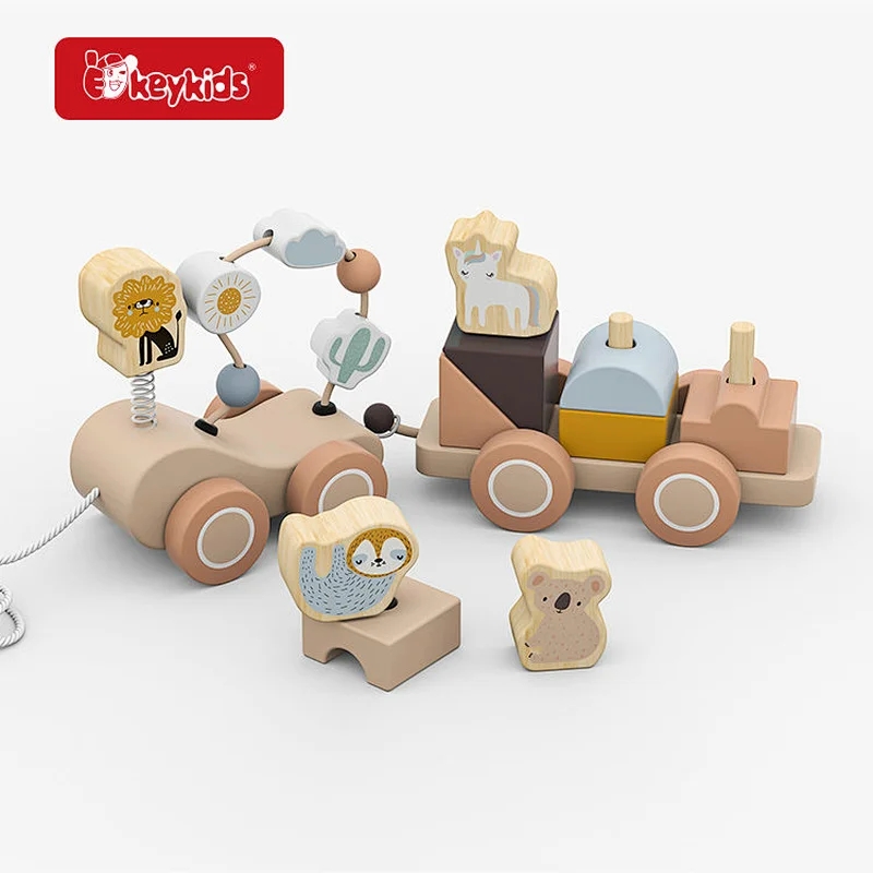 Wooden Pull-Along Train Toy Set - Includes Animal Blocks (Lion, Sloth, Koala, Unicorn) & Interactive Activity Elements W05C166